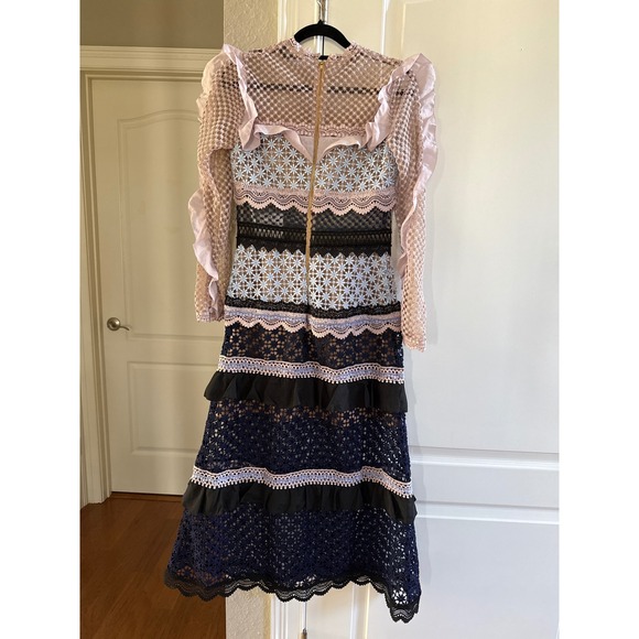 Self Portrait Lace Trimmed Maxi Dress Pink/Blue Floral Sheer Sleeve Size 6 Nwt - Picture 9 of 9
